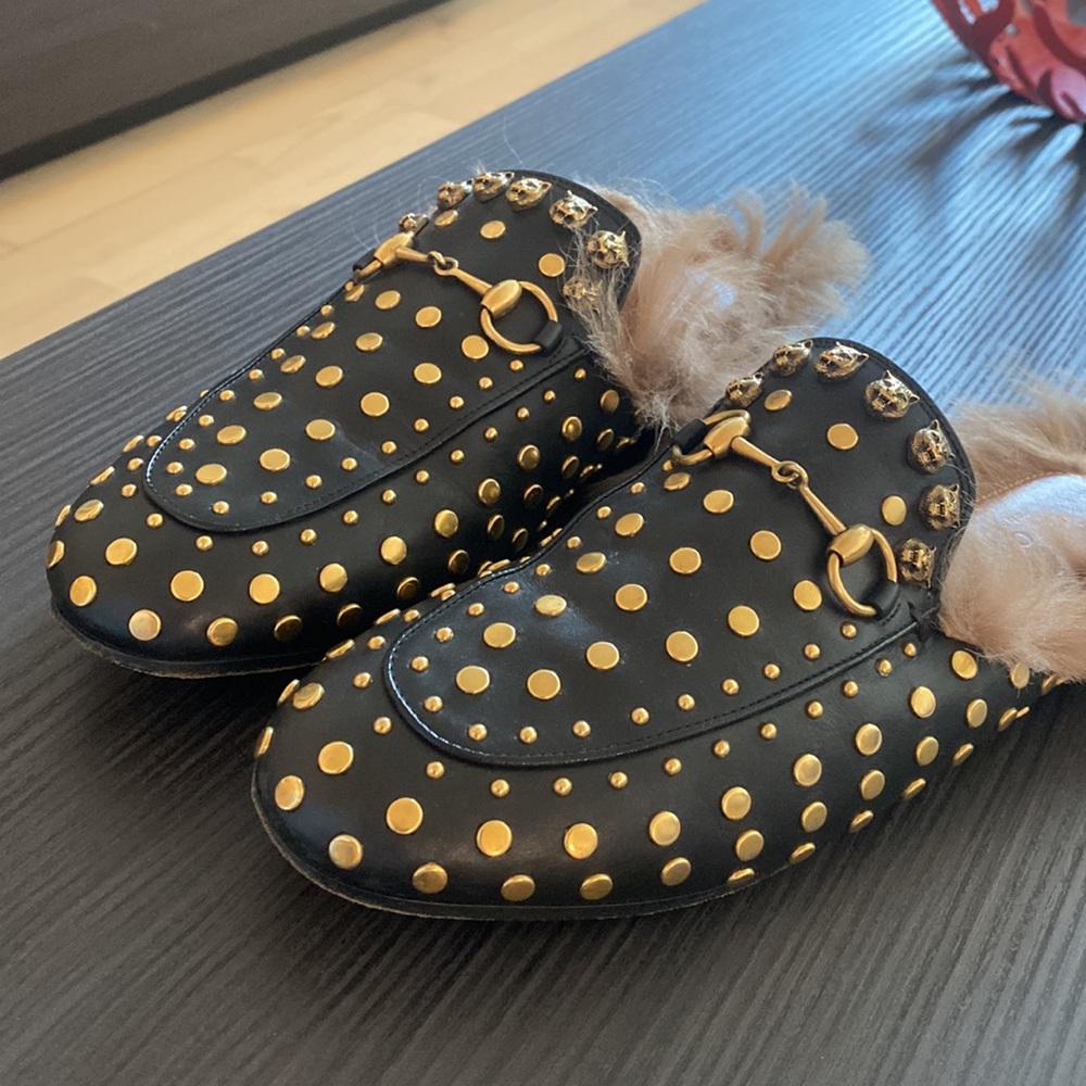 Gucci Studded Furry Fur Slip on Mules - Picture 2 of 4